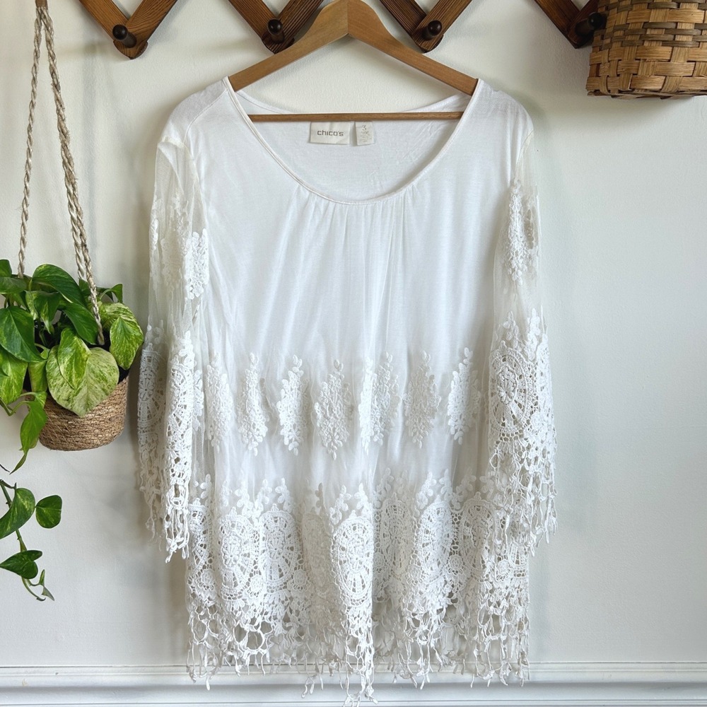 Chicos White Mesh Crochet Lace Fringe Tunic Top Size 3 L XL Boho Sheer Overlay